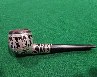 Vintage Bull Dog Estate Medico Sterling Silver Overlay Smoke Pipe Egyptian themed overlay on a smoking pipe
