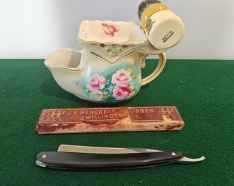 RS PRUSSIA rose porcelain shaving scuttle Mug and J.A. Henckels Solingen Razor