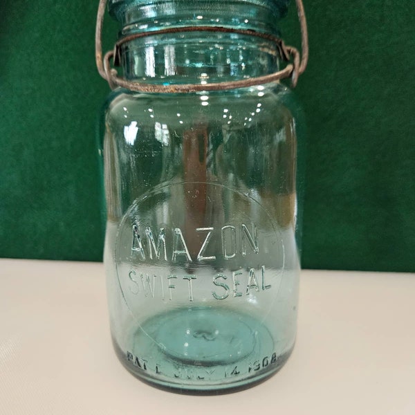 Vintage Aqua Blue Amazon Swift Seal Quart Sized Jar with Glass Lid and Wire Bail