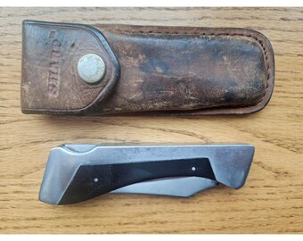 Vintage Estate Knife Sharp 300 Folding Lock Back Knife W/ Black wood Handles Seki Japan with sheath