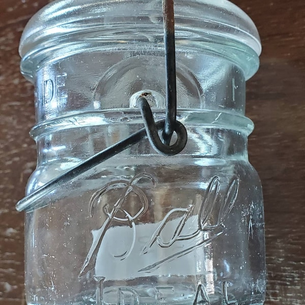 Antique Rare Fruit Jar Clear Ball IDEAL Half Pint with Glass Lid Rb 203