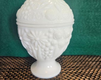 Vintage Avon Milk Glass Lidded Dish | Floral Candy Dish with Lid.