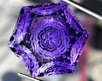 Purple Amethyst 24 Ct Loose Gemstone, Hexagon Carved Fantasy Cut Stone, Natural Amethyst for Ring Pendant Jewelry Making