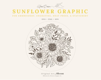 Sonnenblume Florale Grafik, SVG, PNG, EPS, Clipart, Cricut, Stickdatei, Gravur, Handgezeichnete Randkunst Blumen, floral, Hochzeit