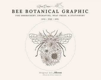 Bienen Botanische Grafik, SVG, PNG, EPS, Clipart, Cricut, Stickdatei, Gravur, handgezeichnet, Asterblume, Sonnenblume, Anemone, Käfer, Bienenblume
