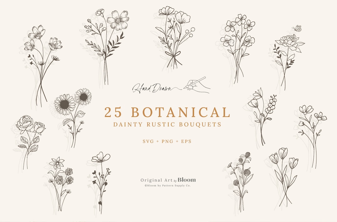 Botanical Dainty Rustic Bouquet Bundle, SVG, PNG, EPS, Clipart, Cricut ...