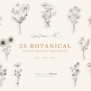 Pacote de buquê rústico delicado botânico, SVG, PNG, EPS, clipart, Cricut, bordado, gravura, desenhado à mão, flores, esboço solto de haste única