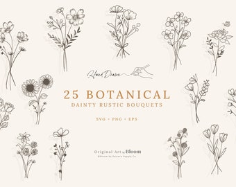 Botanisches Zierliches Rustikales Bouquet Bundle, SVG, PNG, EPS, Clipart, Cricut, Stickdatei, Gravur, Handgezeichnet, Blumen, Einzelstiel lose Skizze