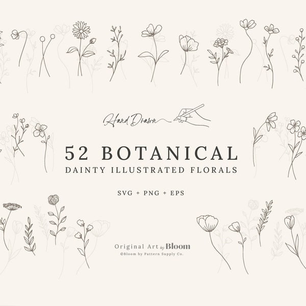 Botanical Dainty Illustrated Florals, SVG, PNG, EPS, Clipart, Cricut, Broderie, Gravure, Dessin à la main, fleurs, tige unique, croquis en vrac