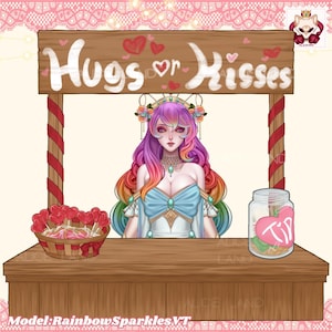 May include: A cartoon illustration of a woman with rainbow hair standing behind a wooden counter with a sign that says "Hugs or Kisses". There is a basket of heart-shaped lollipops on the counter and a glass jar with a pink heart that says "Tip" on it.
