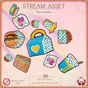 May include: An illustration featuring various cartoon food items, including a hamburger, fries, and a drink, along with a blue box with a yellow heart. The text "STREAM ASSET Throwables" is at the top.