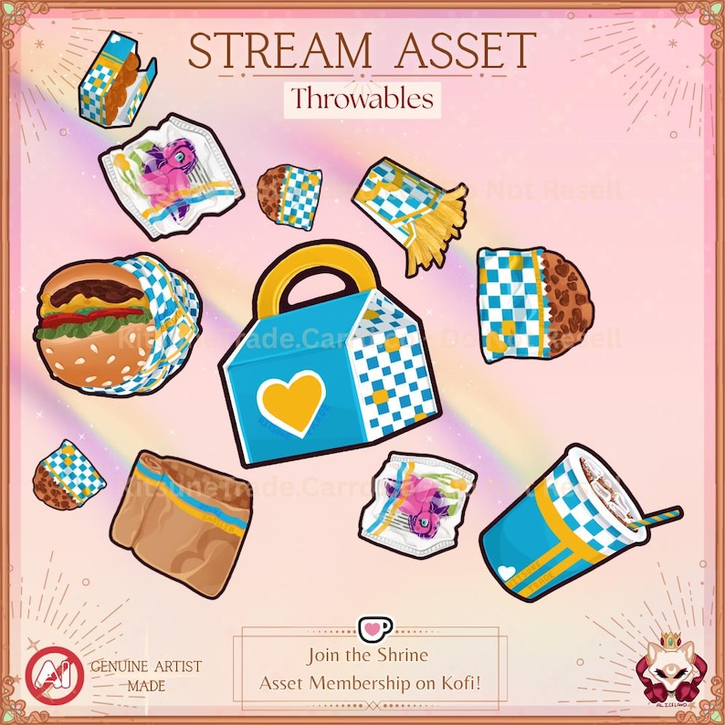 May include: An illustration featuring various cartoon food items, including a hamburger, fries, and a drink, along with a blue box with a yellow heart. The text "STREAM ASSET Throwables" is at the top.