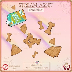 Op de afbeelding: Illustratie van een doos Scooby Snacks en botvormige hondenkoekjes. De doos is turquoise en oranje met de tekst "Scooby Snacks". De afbeelding bevat ook driehoekige koekjes met een "S". De woorden "Stream Asset" en "Throwables" staan bovenaan.