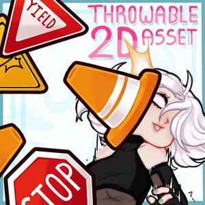 May include: An illustration featuring a cartoon character with white hair and a traffic cone on their head. The image includes road signs and the text "THROWABLE 2D ASSET". The color palette includes orange, red, and blue.