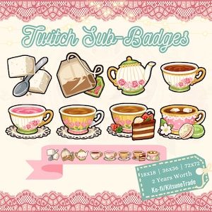Puede incluir: Un conjunto de insignias de suscripción de Twitch con ilustraciones temáticas de té. Las insignias incluyen cubos de azúcar, una bolsita de té, una tetera y varias tazas de té con diseños florales, pastel y macarons. El texto "Twitch Sub-Badges" está en la parte superior.