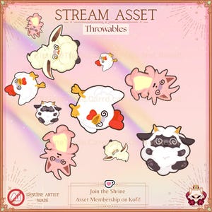 Peut inclure: Graphique d'art numérique avec divers personnages d'animaux de dessins animés, dont des moutons, des poulets et une vache, avec un fond arc-en-ciel pastel. Le texte "STREAM ASSET Throwables" est affiché en haut. Le texte "Join the Shrine Asset Membership on Kofi!" est également inclus.