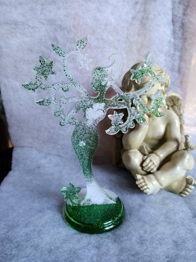 Porte Bijoux Fée en Résine Transparent Paillettes Vertes et Blanches
