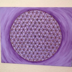 Copper Flower of Life Wall Art | Sacred Geometry Canvas in Purple | Energy Frequency Decor