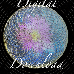 May include: A digital download graphic featuring a spherical design with a floral pattern in shades of purple, blue, and gold. The text "Digital Download" is written in white script above and below the sphere against a black background.