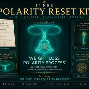 May include: An advertisement for the Inner Polarity Reset Kit. The image features a central illustration of a person meditating, surrounded by text and various components, including a worksheet, audio recording, integration key, integration card, and a guide. The kit focuses on weight loss and energetic realignment.