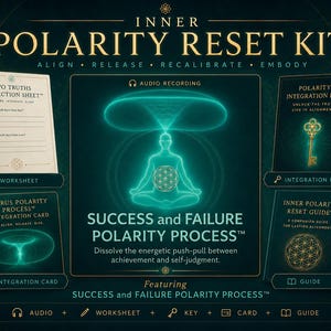 May include: An advertisement for the Inner Polarity Reset Kit. The image features a central illustration of a person meditating, surrounded by various components, including a worksheet, integration card, key, and guide. The text highlights the Success and Failure Polarity Process.