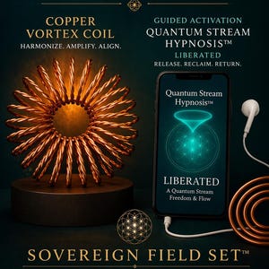 May include: An advertisement for the Sovereign Field Set, featuring a copper vortex coil and a smartphone displaying "Quantum Stream Hypnosis." The image includes text about energy, freedom, and flow.