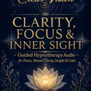 Op de afbeelding: Een donkerblauwe digitale afbeelding met gouden tekst die Clear Vision, CLARITY, FOCUS & INNER SIGHT, Guided Hypnotherapy Audio for Focus, Mental Clarity, Insight & Calm, CLASSIC HYPNOTHERAPY en EMPOWEREDBEYONDBELIEF.COM leest, met een gloeiende lotus.