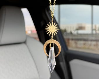 Crescent Moon Rearview Mirror Suncatcher, Crystal Sun Catcher, Crystal Prism Car Charm, Rearview Mirror Decoration, Car Mirror Charm