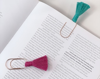 Fun Macrame Tassel Bookmark - Planner Clip.  Customize with rose gold or silver clip, plus 17 tassel colors