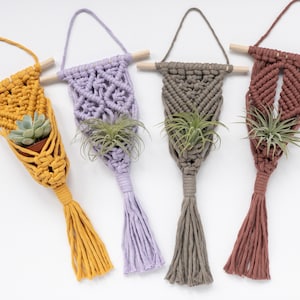 May include: Four macrame wall hangings in mustard yellow, lavender, gray, and terracotta. Each piece features a wooden dowel, a hanging cord, a knotted fiber design, a long tassel, and a small plant held within the woven structure.