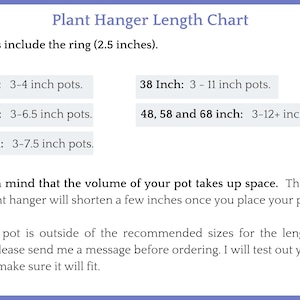 May include: Plant hanger length chart with measurements in inches. Includes lengths from 15 to 68 inches, specifying pot sizes for each length. The chart also notes that the volume of the pot affects the hanger length.