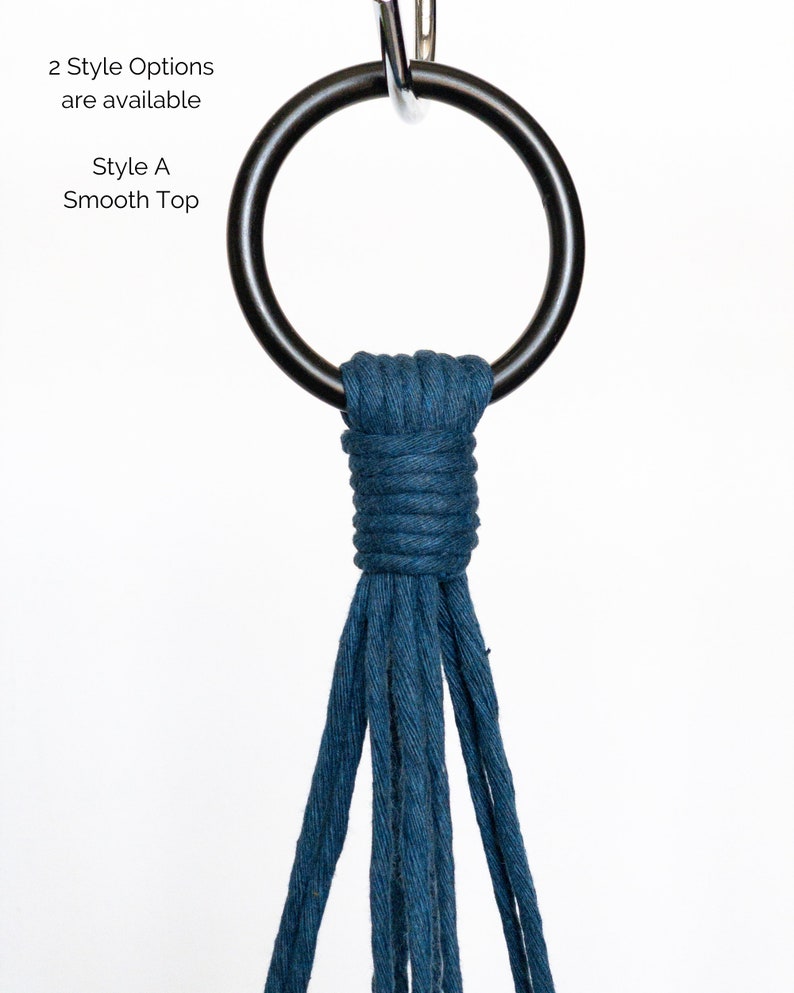 May include: A dark blue macrame plant hanger with a smooth top design. The hanger is suspended from a black metal ring. Text in the image reads "2 Style Options are available" and "Style A Smooth Top".