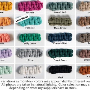May include: A grid of twenty rectangular swatches of braided cord in various colors including yellow, fuchsia, teal, beige, peach, turquoise with a Low Stock label, moss green, brown, salmon, kelly green, blue, taupe, lavender, grey, forest green, purple, mint, white, black, and copper.