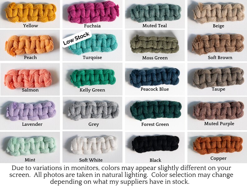 May include: A grid of twenty rectangular swatches of braided cord in various colors including yellow, fuchsia, teal, beige, peach, turquoise with a Low Stock label, moss green, brown, salmon, kelly green, blue, taupe, lavender, grey, forest green, purple, mint, white, black, and copper.