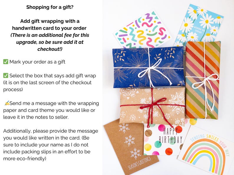 May include: Several rectangular packages wrapped in various patterned papers including blue with gold leaves, brown with white snowflakes, and multicolored diagonal stripes, tied with white or red string, alongside several greeting cards.