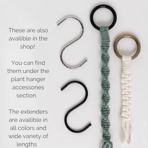 May include: Image features plant hanger accessories, including S-hooks and macrame plant hanger extenders. The extenders come in various colors and lengths. Text on the image reads: "Need an S-hook or extender to go with your plant hanger?"