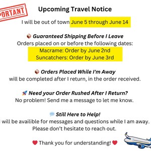 May include: A white notice with the text "IMPORTANT" in a red stamp. The notice announces an upcoming travel period from June 5th to June 14th. It provides order deadlines for guaranteed shipping before the travel period and information about orders placed during the travel period.