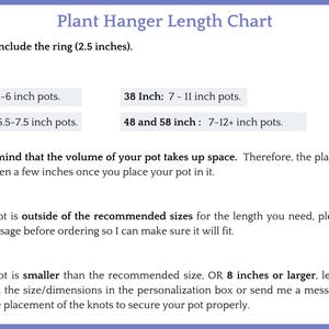 Op de afbeelding: Een wit informatief overzicht getiteld Plant Hanger Length Chart. Het vermeldt lengtes van 21, 28, 38, 48 en 58 inch met bijbehorende potmaten. Het bevat opmerkingen over de ringmaat, het volume van de pot en instructies voor aangepaste maten.