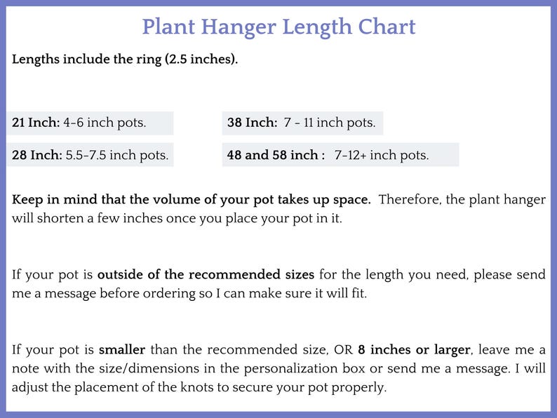 Op de afbeelding: Een wit informatief overzicht getiteld Plant Hanger Length Chart. Het vermeldt lengtes van 21, 28, 38, 48 en 58 inch met bijbehorende potmaten. Het bevat opmerkingen over de ringmaat, het volume van de pot en instructies voor aangepaste maten.