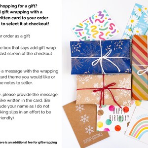 May include: A collection of gift-wrapped packages and greeting cards. The packages feature blue floral, brown snowflake, and multicolored striped paper tied with string. Cards include designs with daisies, colorful dots, and a rainbow.