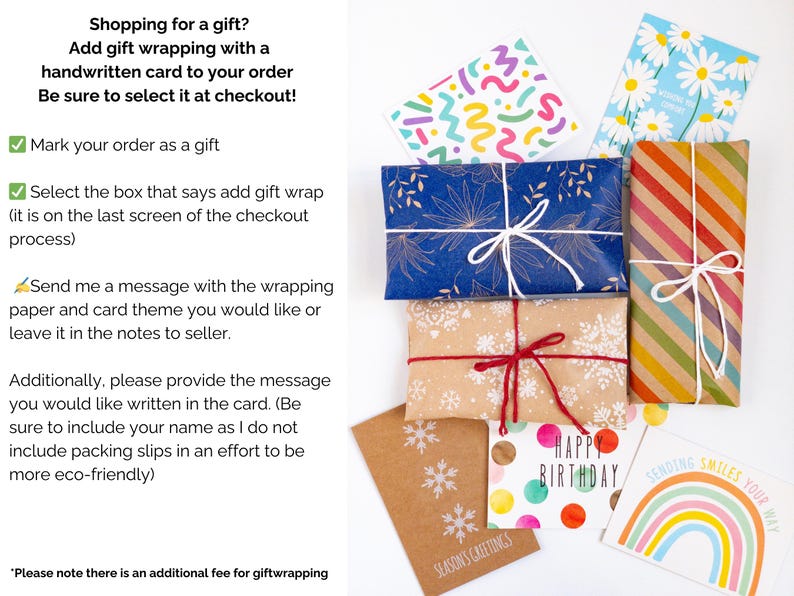 May include: A collection of gift-wrapped packages and greeting cards. The packages feature blue floral, brown snowflake, and multicolored striped paper tied with string. Cards include designs with daisies, colorful dots, and a rainbow.