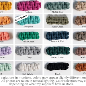 May include: A collection of colorful macrame samples in various hues, including yellow, fuchsia, turquoise, and black. Each sample is a rectangular shape, showcasing the texture and color variations. The text at the bottom states that colors may vary.