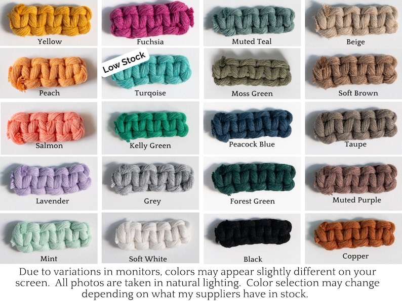 May include: A collection of colorful macrame samples in various hues, including yellow, fuchsia, turquoise, and black. Each sample is a rectangular shape, showcasing the texture and color variations. The text at the bottom states that colors may vary.