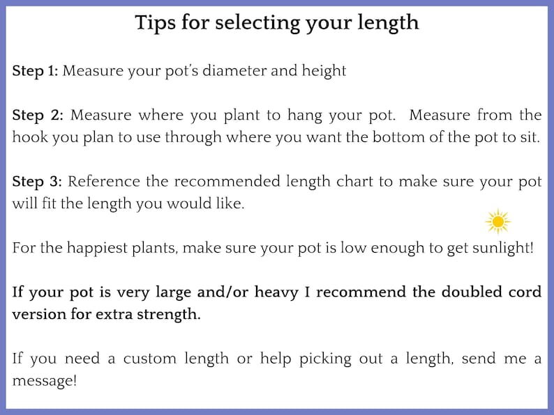 Op de afbeelding: Een instructiegids getiteld Tips for selecting your length met drie stappen voor het opmeten van een plantenpot, een zonne-icoon en advies over het kiezen van een dubbele koordversie voor zware potten, inclusief hulp bij maatwerk.