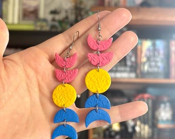 Pansexual Subtle Pride Flag Moon Earrings // pansexual art, pan earrings, lgbt earring, celestial earrings, whimsical, quirky, funky jewelry