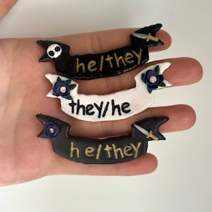 He/They Pronoun Pins // handmade polymer clay pronouns ftm trans nonbinary gender nonconformity queer lgbtq+ masc pin for bag jacket nametag
