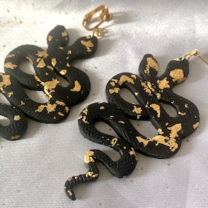 Black Gold Flake Double Headed Snake Earrings // gold ball post classy elegant minimalist earring Clip Ons for Non-Pierced Ears