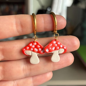 Mushroom Gold Earrings // cute cottagecore golden huggies jewelry gifts for fairies garden party nature lover dainty earring