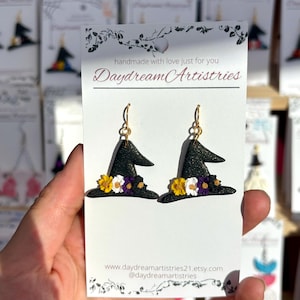 Handmade Subtle Nonbinary Witch Hat Earrings // Polymer Clay Floral, Non-binary, Spooky Halloween, Hypoallergenic Gold Surgical Steel