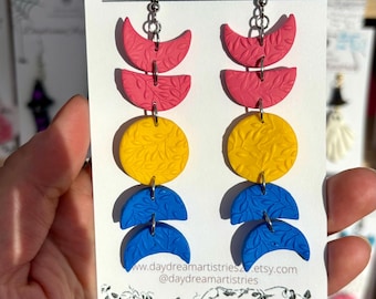 Pansexual Subtle Pride Flag Moon Earrings // pansexual art, pan earrings, lgbt earring, celestial earrings, whimsical, quirky, funky jewelry